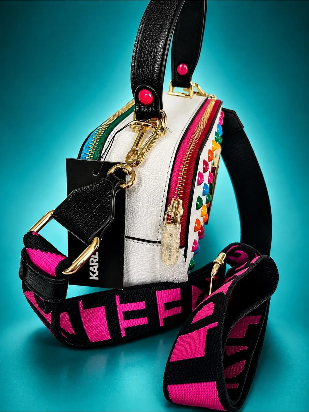 Karl Lagerfeld Paris Simone White Crossbody Camera Bag Multicolor Studs NWT